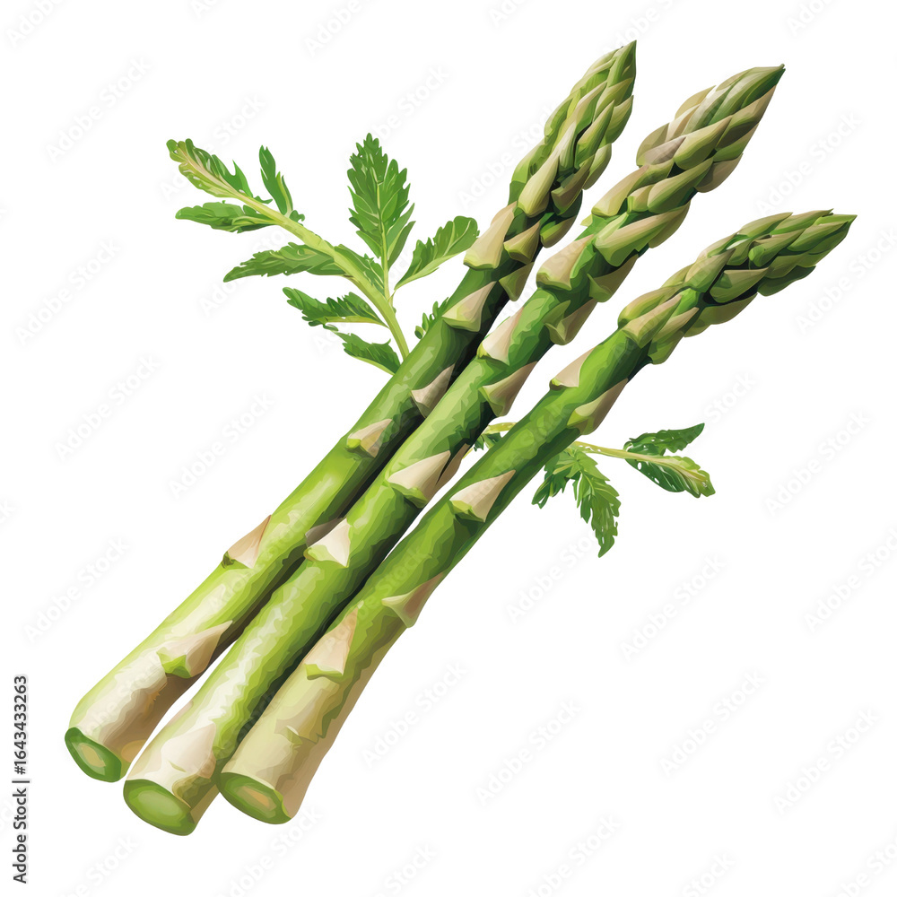 Poster fresh asparagus stalks with green leaves on a transparent background for culinary and nutritional us