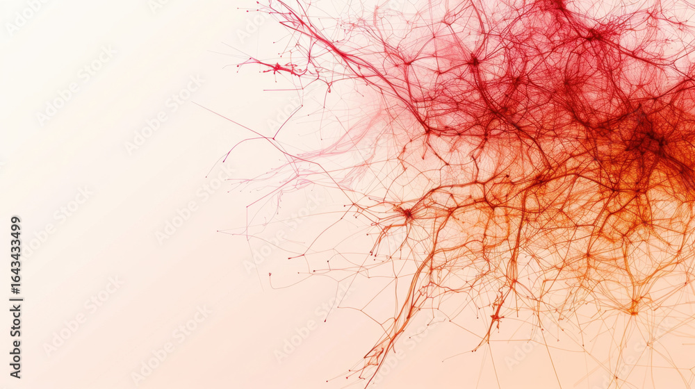 Poster abstract red and orange network design with intricate lines and nodes, creating visually striking co