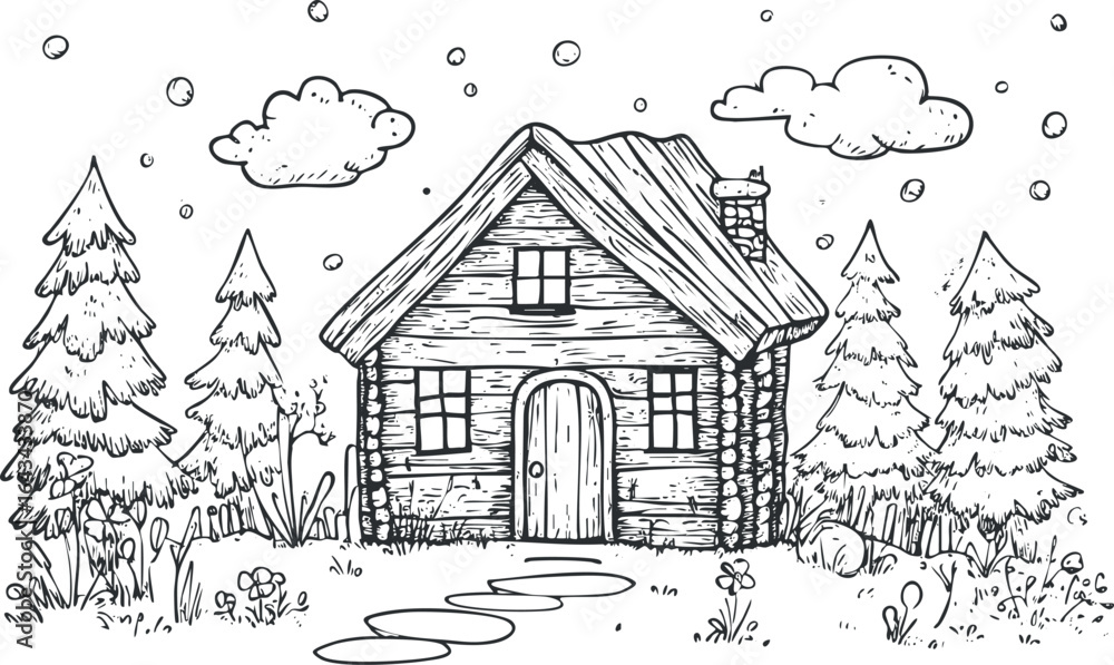 Poster hand drawn black and white sketch of a rustic log cabin surrounded by pine trees and plants in a for