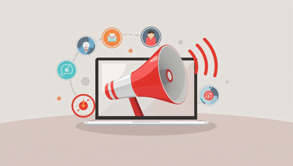 Bold Digital Announcement: Flat Design Illustration of Online Communication with Megaphone and Signal Waves for Clear Messaging