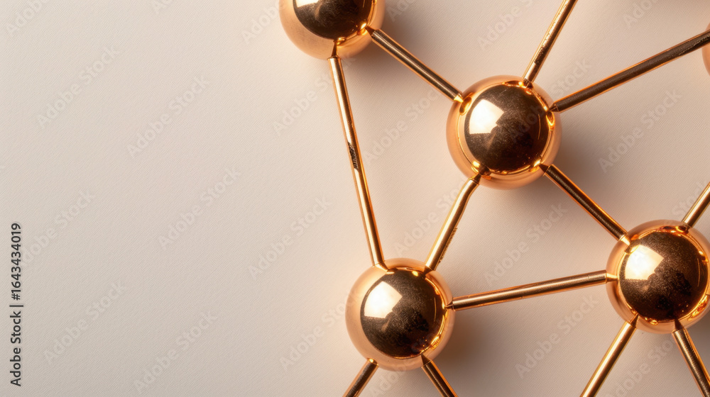 Poster elegant golden molecular structure with interconnected spheres, symbolizing science and innovation. 