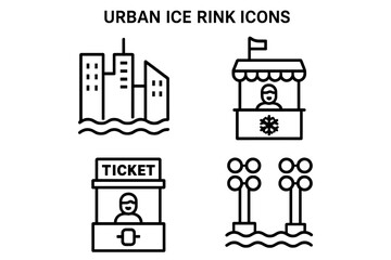 Urban ice rink outline icon set. Winter city recreation concept with skyline, vendor kiosk, ticket booth, and rink lights. Outdoor activity vector illustration.