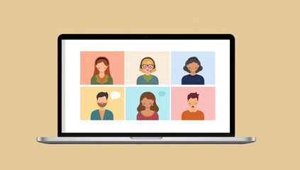 Seamless Digital Connection: Flat Design Illustration of a Modern Laptop with Colorful Avatars in an Engaging Virtual Meeting