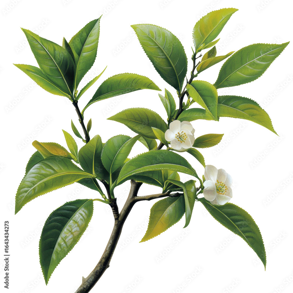 Poster fresh lemon tree branch with glossy leaves and white flowers isolated on a transparent background fo