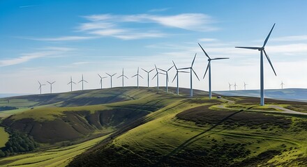 Row of wind turbines on a rolling green hillside generating sustainable renewable energy