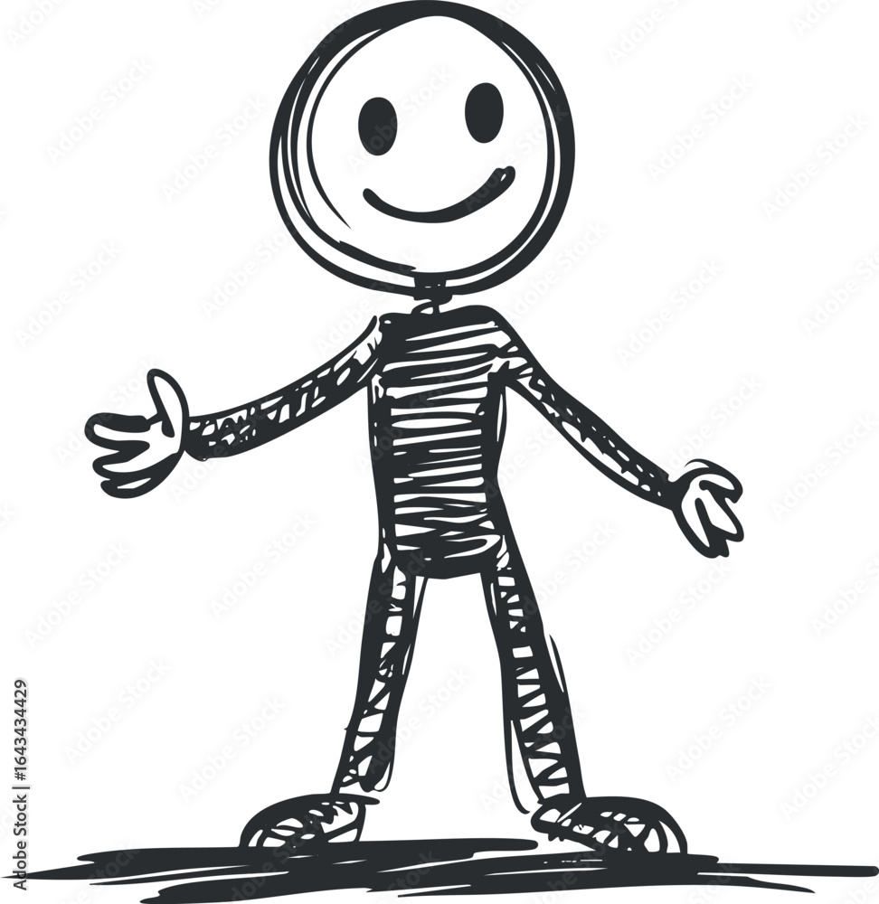Poster hand-drawn black and white sketch of a smiling stick figure with open arms in a friendly pose.