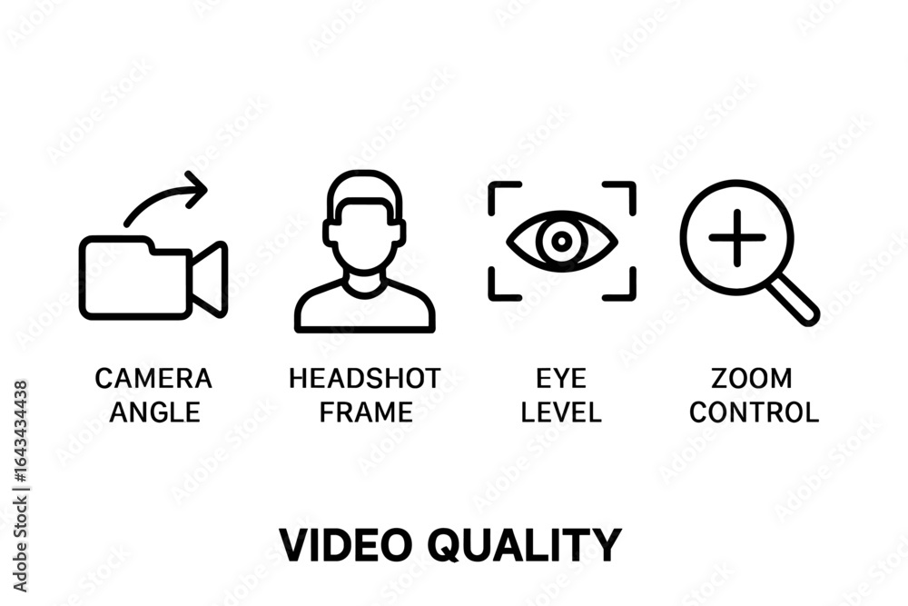 Poster video quality outline icon set for filmmaking. camera angle, headshot frame, eye level, and zoom con