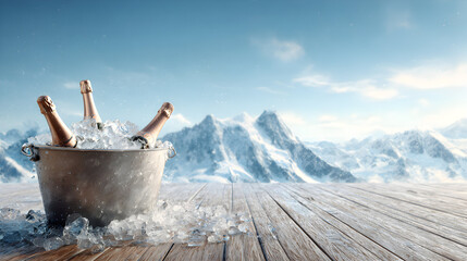 Celebratory chilled champagne bottles in ice bucket snowy mountain backdrop elegant beverage alpine vista rustic wood planks sparkling wine holiday celebration frozen mountains
