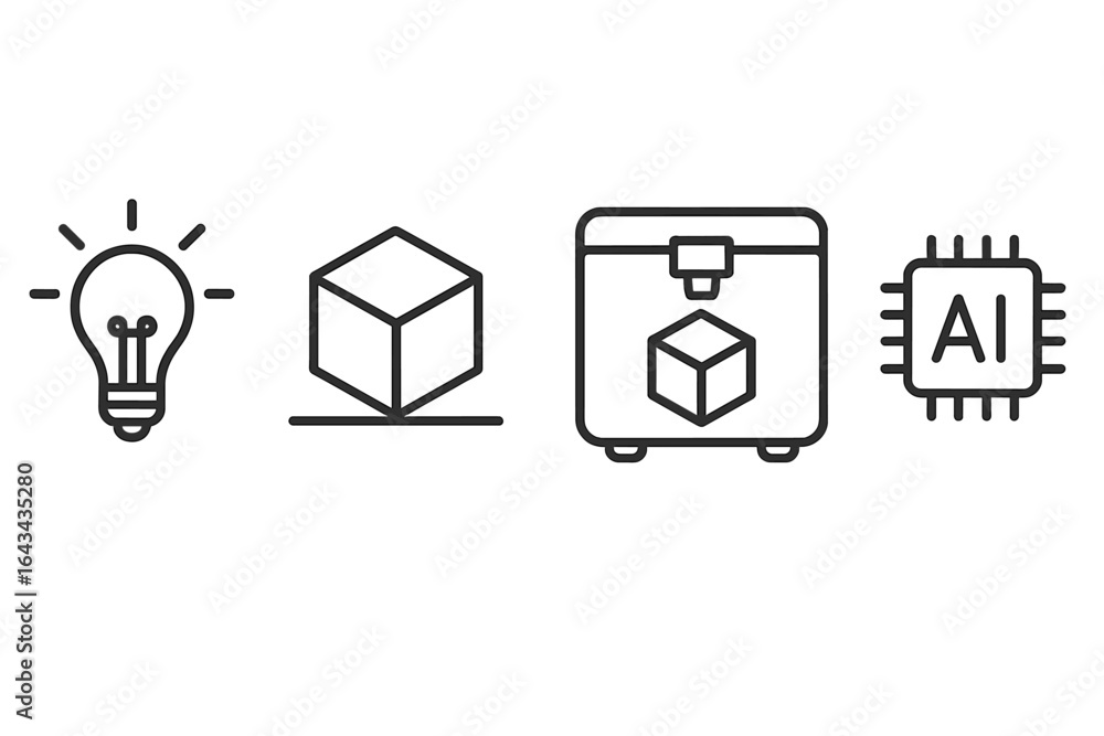 Aufkleber ai product development icon set. concept of innovation process from idea to prototype. lightbulb, 3d
