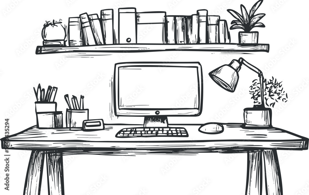 Poster black and white sketch of a modern organized desk workspace with computer monitor keyboard mouse lam
