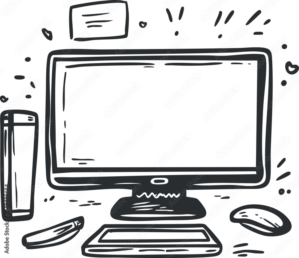 Poster hand-drawn black and white illustration of a desktop computer setup with monitor keyboard and mouse