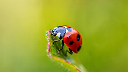 Close up of a bright red ladybug with black spots on a green leaf