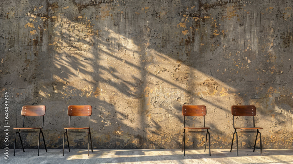 Poster chairs arranged in minimalist setting against textured wall, with sunlight casting shadows, creating