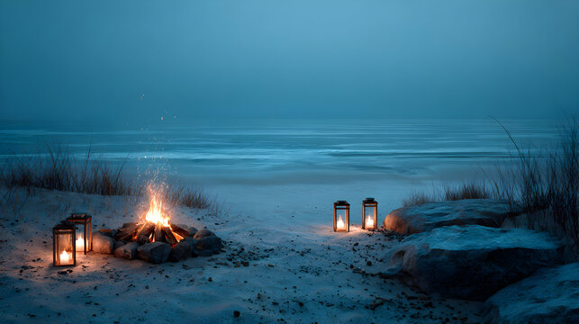 Tranquil beachfront at twilight featuring cozy campfire glowing lanterns and gentle waves creating a serene atmospheric landscape perfect for relaxation and coastal getaways - Powered by Adobe