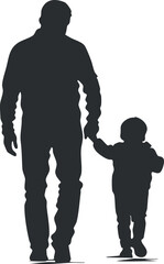 Silhouette of a father holding hands and walking with his young child symbolizing family bond and care