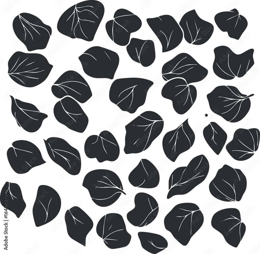 Poster black silhouette pattern of isolated leaves with veins creating a natural botanical texture backgrou