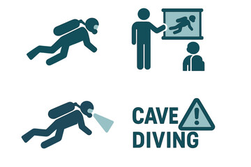 Cave Diving Scuba Diver Icon Collection. Underwater Adventure Silhouettes, Cave Exploration Safety Briefing, Cave Diving Warning Sign, Professional Diver Equipment, Training Seminar, Vector Set.