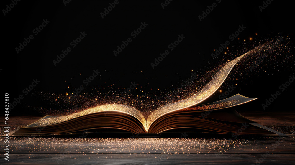 Aufkleber open book with shimmering golden particles floating around it creates magical atmosphere, symbolizin