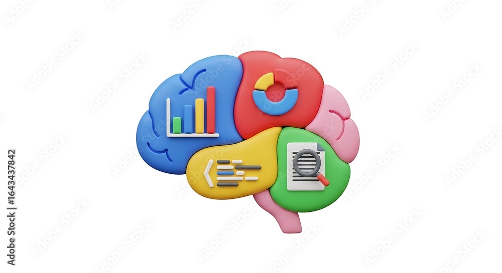 Poster a colorful brain illustration with different sections representing data analysis, charts, graphs, an