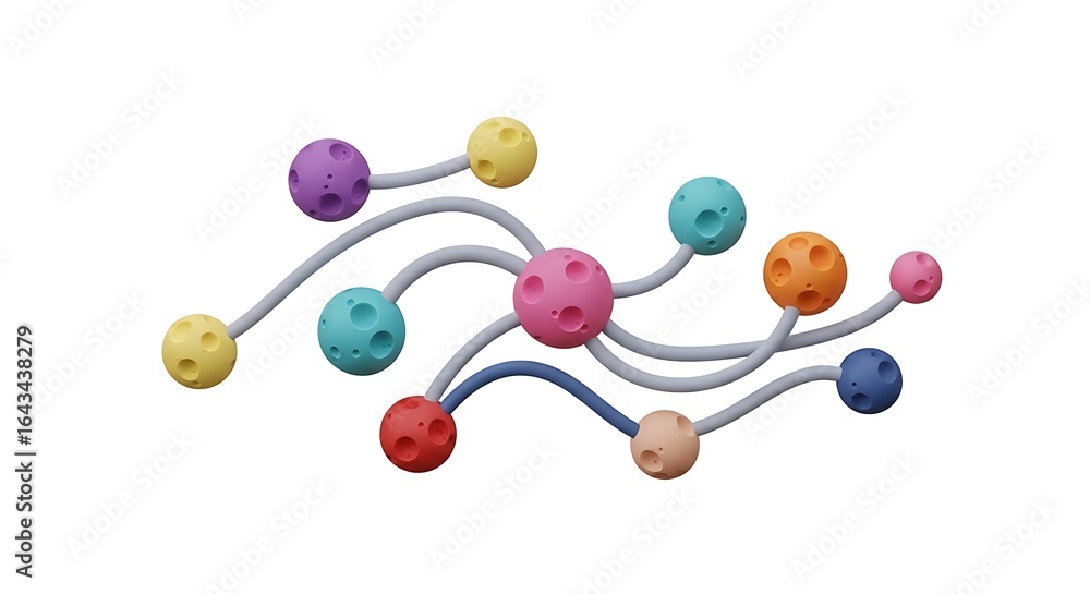 Poster vibrant spheres with dimpled surfaces connected by flowing lines, illustrating a complex abstract st