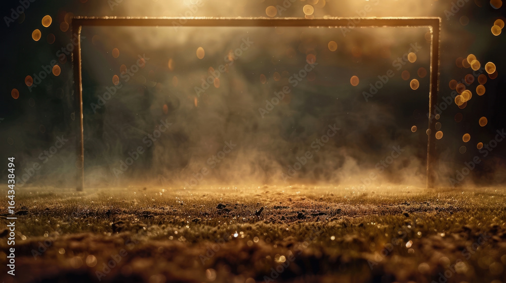 Poster foggy soccer goal post stands in dimly lit field, surrounded by shimmering droplets and soft bokeh l