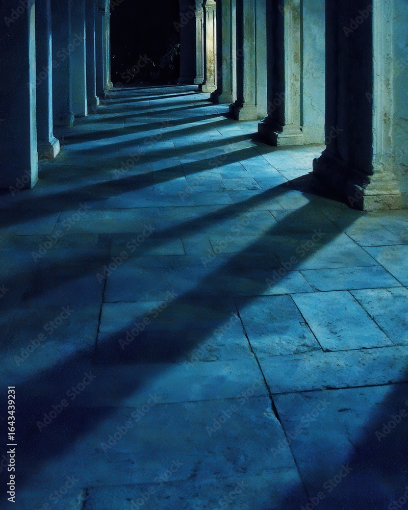Poster mysterious dark corridor with long shadows from columns and soft blue light