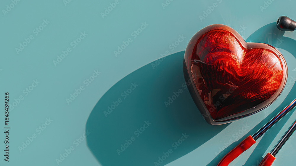 Poster glossy red heart shaped object rests on smooth turquoise surface, casting soft shadow. nearby, color