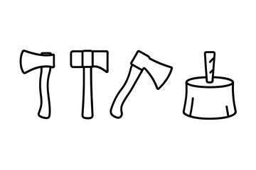 Chopping tools icon set. Axe, hatchet, splitting maul and wedge on a block. Woodworking and lumberjack equipment. Forestry, logging and firewood concept vector line art.