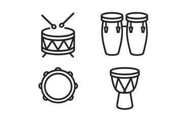 Set of 4 Music Instruments Icons in Outline Style, Percussion Drums, Rhythm and Sound Symbols, Vector Illustration on Transparent Background, Music and Audio Design Elements