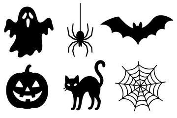 Halloween silhouette set. Spooky icon collection. Ghost, spider, bat, pumpkin, cat, web. Creepy vector graphics for festive decor, design elements, and party invitations.
