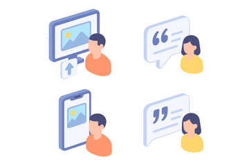 User Content Icon Set, Isometric Flat Icons of Customer Photo Upload, Mobile Image Sharing, Testimonial Quotes, Social Media Interaction, Vector Transparent Illustration