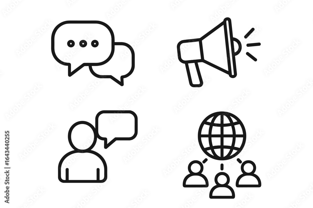 Poster communication and media line icons set. vector outline symbols for social interaction, global networ