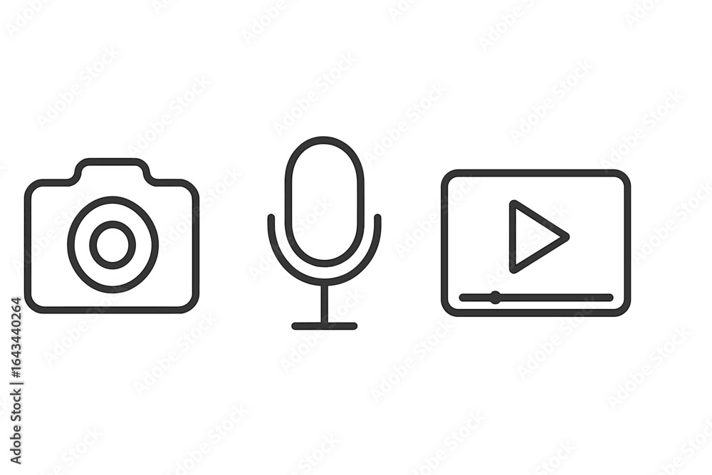 Poster minimalist media icon set. camera, microphone, and video player symbols. vector line art for web and