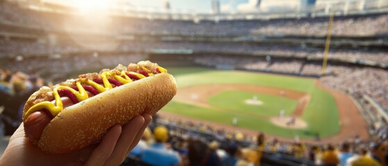 The delicious hotdog ready to enjoy at a lively baseball stadium