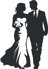 Silhouette of a bride and groom walking together on their wedding day, dressed in formal attire.