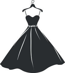 Elegant black evening gown with a fitted bodice and flared skirt on a hanger for formal occasions