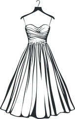 Elegant strapless evening gown hanging on a hanger, showcasing flowing fabric and detailed bodice design.