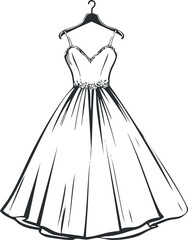 Elegant women's formal dress gown hanging on a hanger, fashion illustration for wedding or party