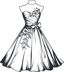 Elegant strapless evening gown with floral decorations and bow detail on mannequin