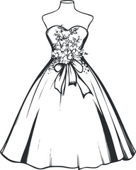 Black and white sketch of an elegant strapless wedding gown with floral bouquet and bow