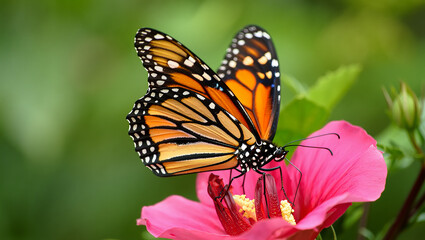 Majestic monarch butterfly resting on a vibrant pink flower