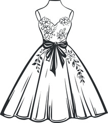 Vintage style floral dress with a bow at the waist, elegant and feminine fashion illustration