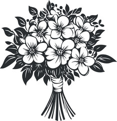 Black and white floral bouquet illustration with flowers and leaves in a stylized design.
