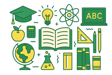 Fototapeta premium Education and school icon set. Learning, science, and knowledge symbols. Back to school concept with graduation cap, book, globe, atom, and calculator vector icons.