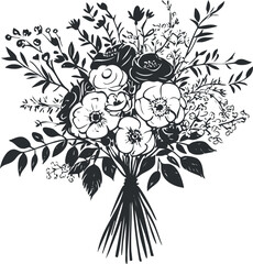 Black and white floral bouquet illustration with detailed flowers leaves and stems