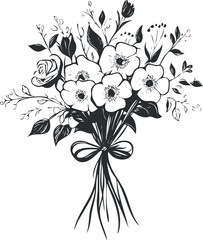 Hand drawn black and white bouquet of flowers with roses and leaves tied with a ribbon