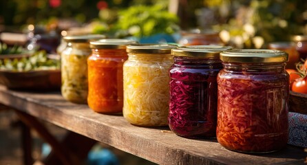 Vibrant photo of colorful jars of preserved foods lined up on a wooden surface.