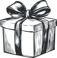 Black and white hand drawn illustration of a gift box with ribbon and bow wrapped for celebration or holiday.