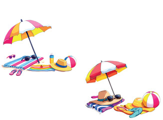 Vsai beach umbrella, towels, sunglasses, and beach ball creating perfect summer vacation spot