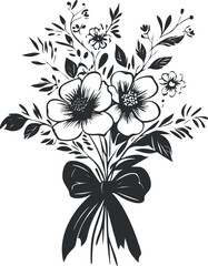 Black and white illustration of a delicate flower bouquet with leaves and a decorative bow